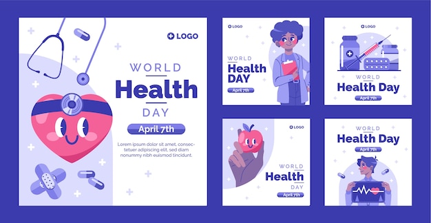 Vector colección plana de publicaciones de instagram para la celebración del día mundial de la salud