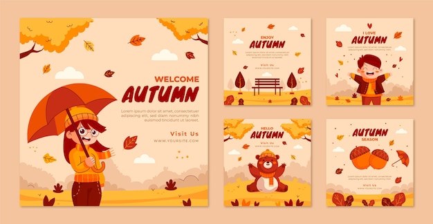 Vector colección plana de publicaciones de instagram para la celebración de otoño