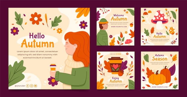 Vector colección plana de publicaciones de instagram para la celebración de otoño