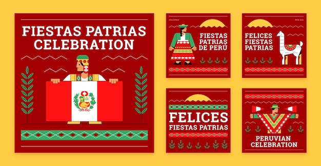 Vector colección plana de publicaciones de instagram para celebraciones de fiestas patrias peruanas