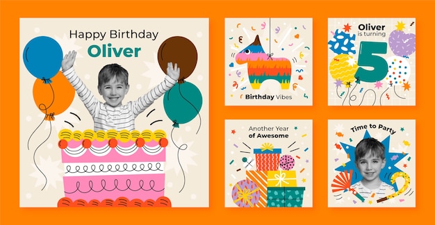 Colección plana de publicaciones de instagram de cumpleaños