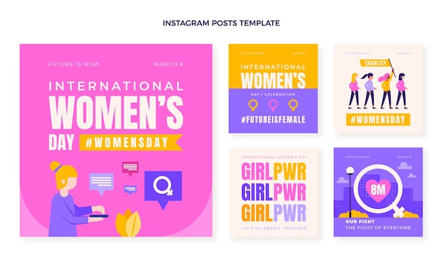 Vector colección plana de publicaciones de instagram del día internacional de la mujer