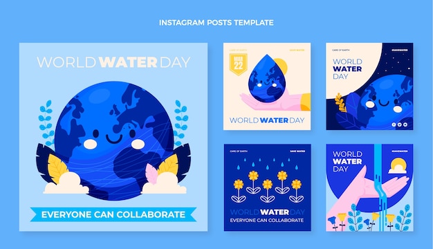 Vector colección plana de publicaciones de instagram del día mundial del agua