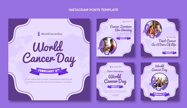 Vector colección plana de publicaciones de instagram del día mundial del cáncer