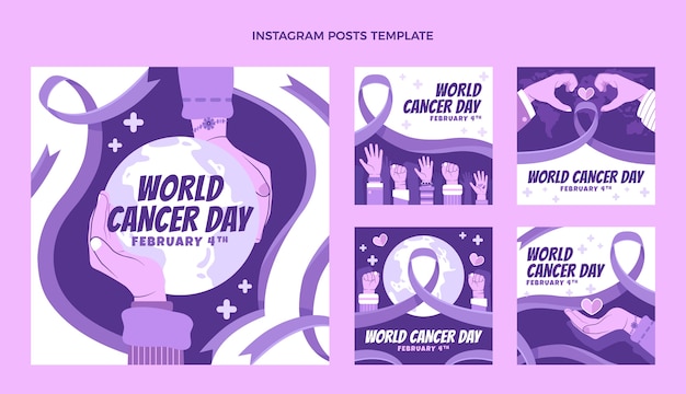 Vector colección plana de publicaciones de instagram del día mundial del cáncer