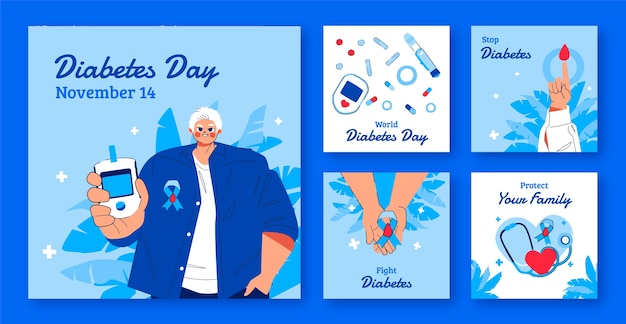 Vector colección plana de publicaciones de instagram del día mundial de la diabetes