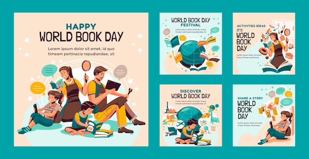 Colección plana de publicaciones de instagram del día mundial del libro