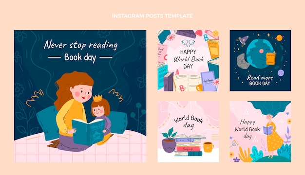 Vector colección plana de publicaciones de instagram del día mundial del libro