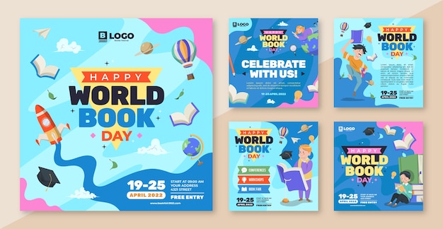 Vector colección plana de publicaciones de instagram del día mundial del libro