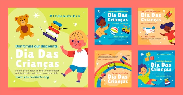 Colección plana de publicaciones de instagram del día del niño