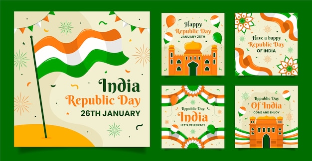 Colección plana de publicaciones en instagram para el día de la república de la india