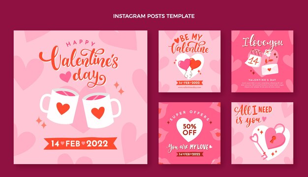 Colección plana de publicaciones de instagram del día de san valentín