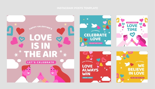 Vector colección plana de publicaciones de instagram del día de san valentín