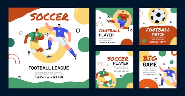 Vector colección plana de publicaciones de instagram de fútbol