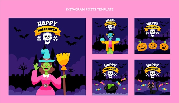 Vector colección plana de publicaciones de instagram de halloween