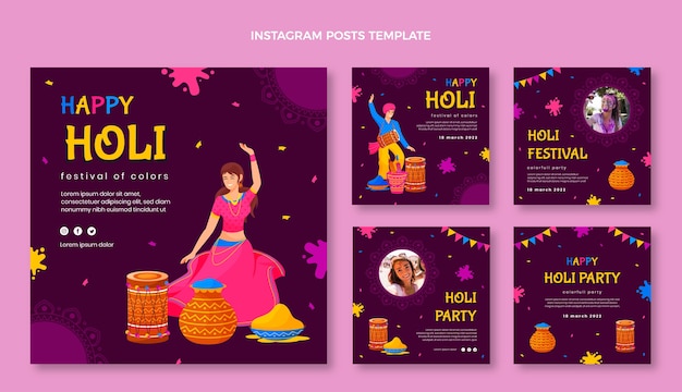 Vector colección plana de publicaciones de instagram de holi