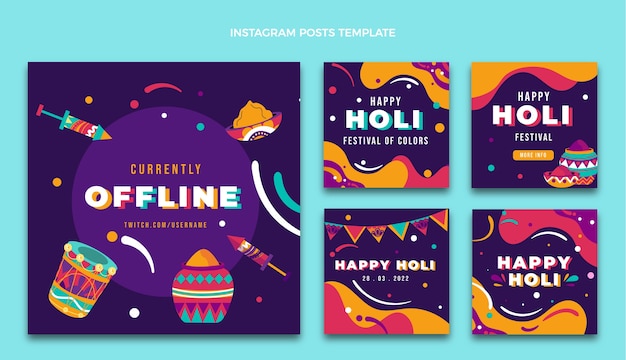 Colección plana de publicaciones de instagram de holi