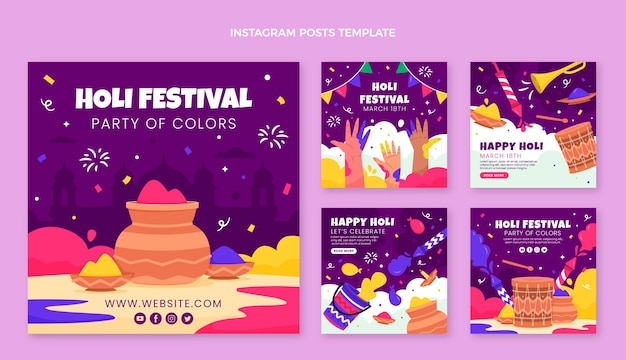 Vector colección plana de publicaciones de instagram de holi