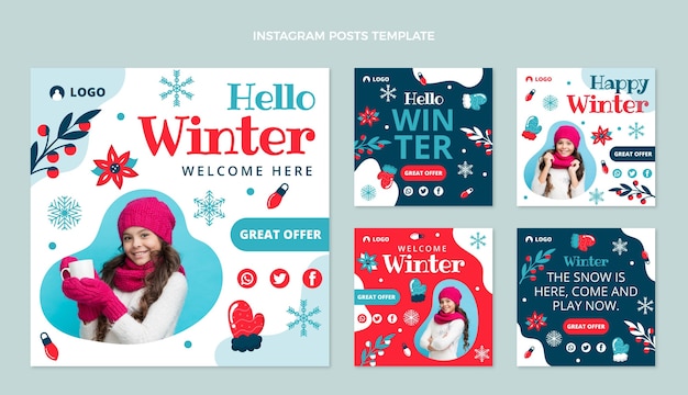 Colección plana de publicaciones de instagram de invierno