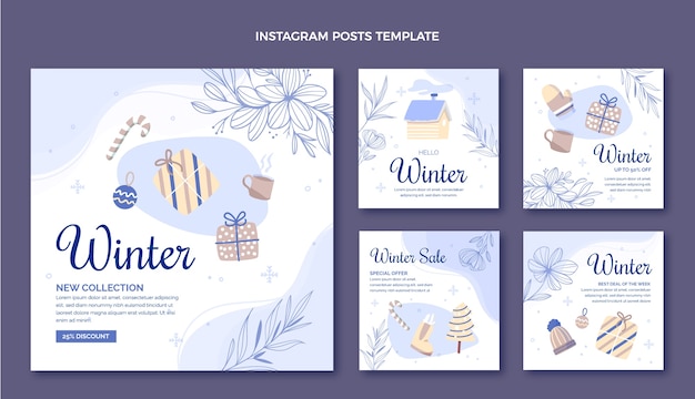 Vector colección plana de publicaciones de instagram de invierno