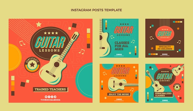 Vector colección plana de publicaciones de instagram de lecciones de guitarra vintage