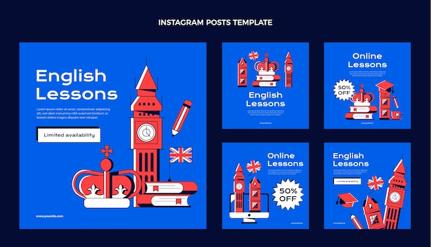 Colección plana de publicaciones de instagram de lecciones de inglés