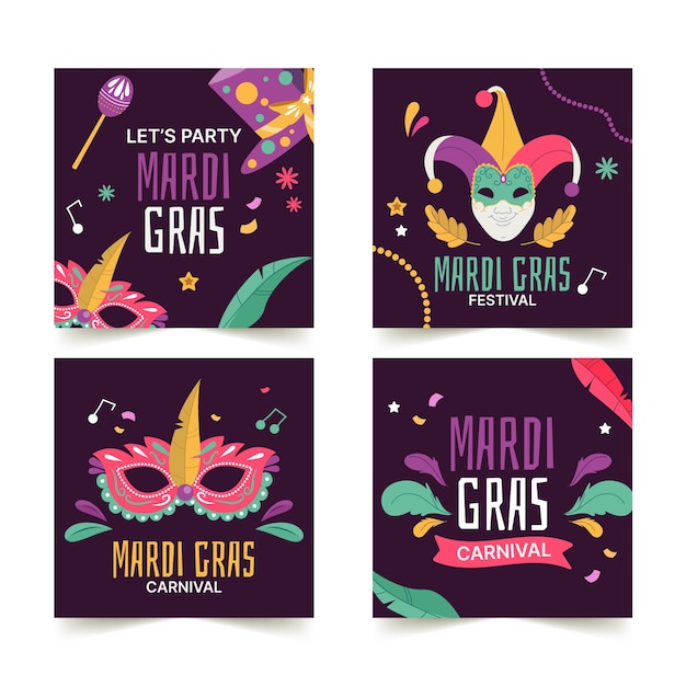 Vector colección plana de publicaciones de instagram de mardi gras