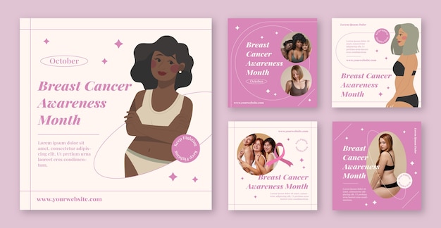 Vector colección plana de publicaciones de instagram del mes de concientización sobre el cáncer de mama