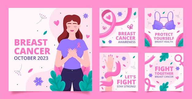 Colección plana de publicaciones de instagram para el mes de concientización sobre el cáncer de mama