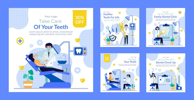 Vector colección plana de publicaciones de instagram para negocios de clínicas dentales