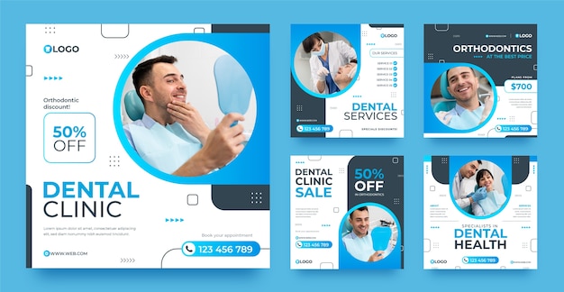 Vector colección plana de publicaciones de instagram para negocios de clínicas dentales