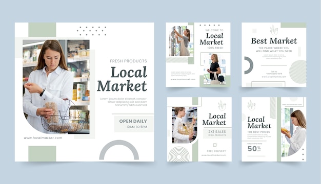 Vector colección plana de publicaciones de instagram de negocios del mercado local