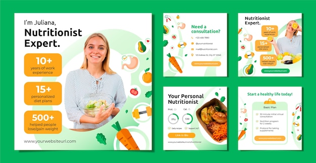 Vector colección plana de publicaciones de instagram para nutricionista