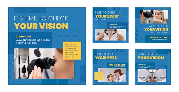 Vector colección plana de publicaciones de instagram de oftalmólogo