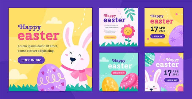 Vector colección plana de publicaciones de instagram de pascua