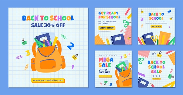 Vector colección plana de publicaciones de instagram de regreso a la escuela con útiles escolares