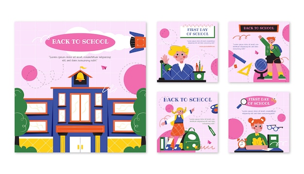 Vector colección plana de publicaciones de instagram de regreso a la escuela