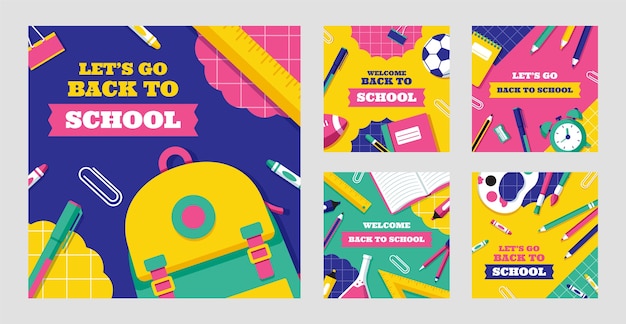 Vector colección plana de publicaciones de instagram de regreso a la escuela