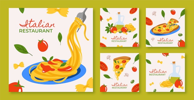 Vector colección plana de publicaciones de instagram para restaurante de comida italiana