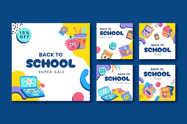 Vector colección plana de publicaciones de instagram para la temporada de regreso a la escuela