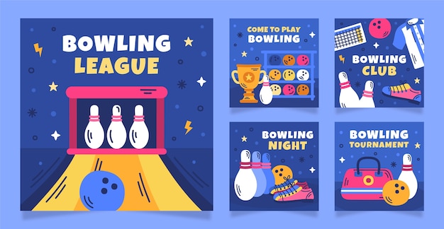 Vector colección plana de publicaciones de instagram para torneo de bolos