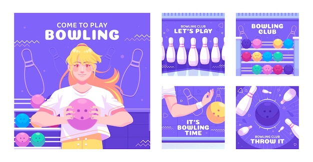 Vector colección plana de publicaciones de instagram para torneo de bolos