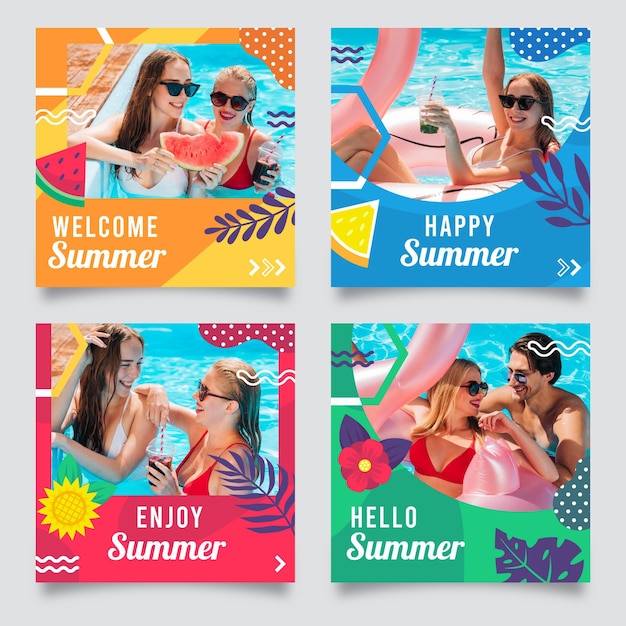 Vector colección plana de publicaciones de instagram de verano con foto