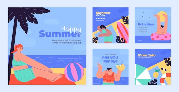 Vector colección plana de publicaciones de instagram para el verano