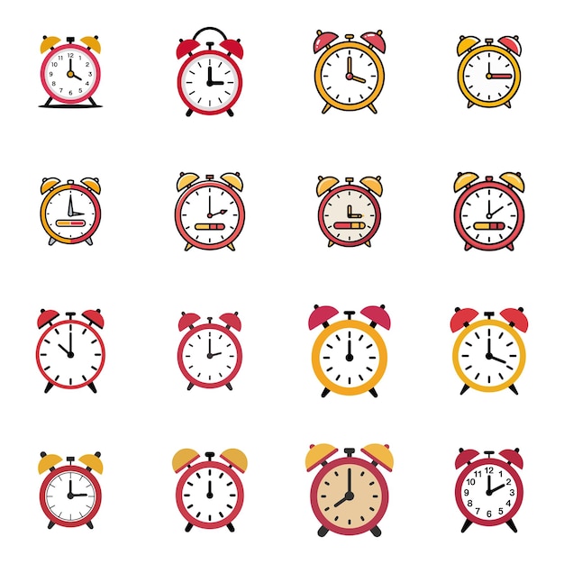 Colección plana de relojes despertadores con íconos de tiempo elegantes