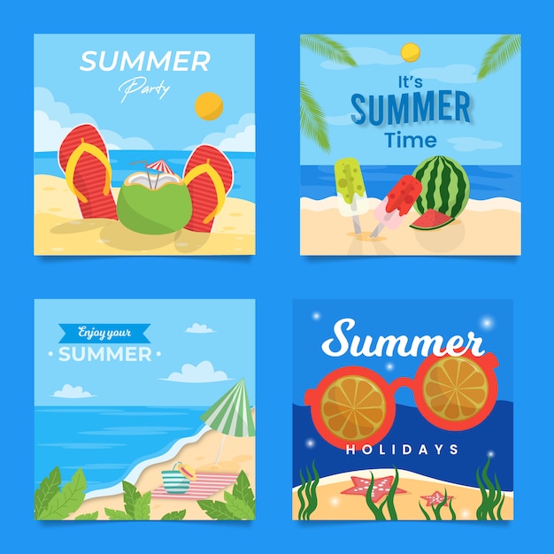 Vector colección plana de tarjetas de verano