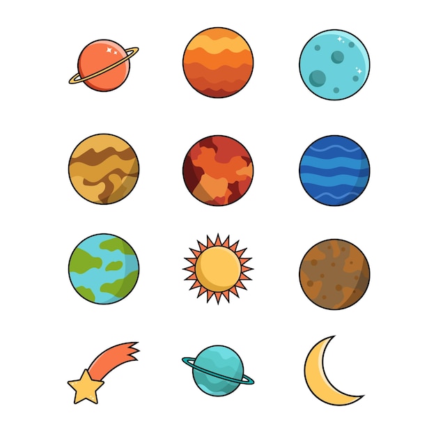 una colección de planetas incluyendo los planetas y la luna