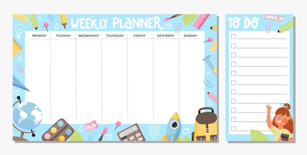 Vector colección de planificador semanal y plantilla de lista de tareas calendario escolar o diseño de horario