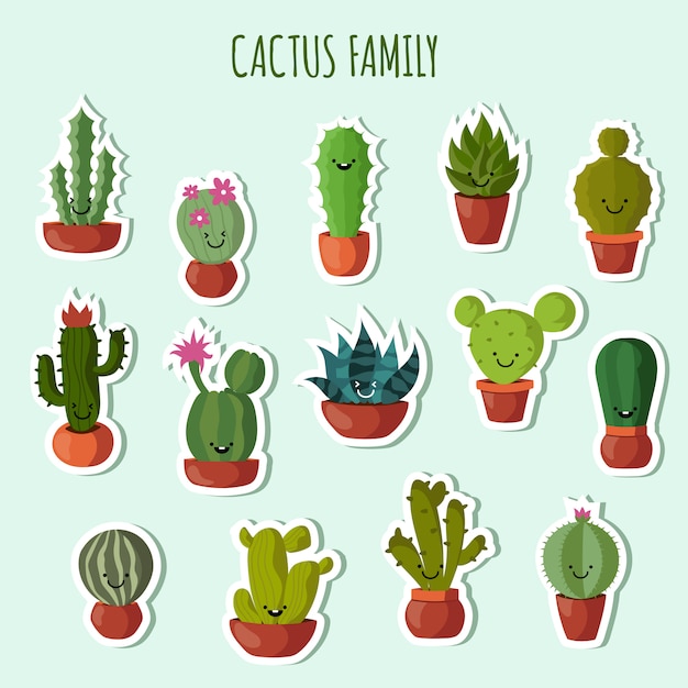 Colección de plantas divertidas. Lindo cactus con caras felices parches de jardín o conjunto de pegatinas