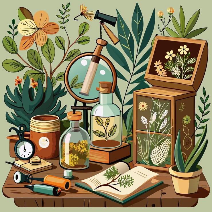 Vector colección de plantas de estudio de botánicos libros y equipos científicos